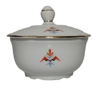 Vintage Sugar Bowl with Lid White Porcelain Gold Trim Geometric‎ Design